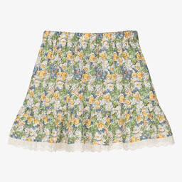 The New Society-Girls Ivory & Green Floral Linen Skirt | Childrensalon Outlet