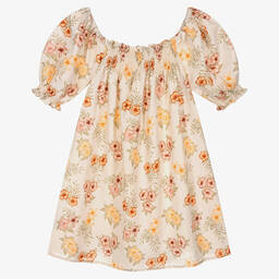 The New Society-فستان قطن وكتان لون عاجي وأحمر بطبعة ورود | Childrensalon Outlet