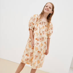 The New Society-فستان قطن وكتان لون عاجي وأحمر بطبعة ورود | Childrensalon Outlet