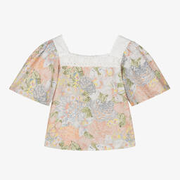The New Society-بلوزة قطن عضوي لون أخضر وزهري بطبعة ورود | Childrensalon Outlet