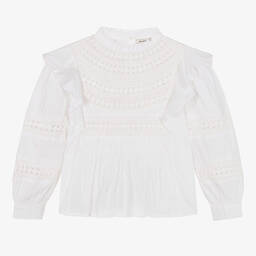 The New Society-Белая хлопковая блузка с кружевными рюшами | Childrensalon Outlet