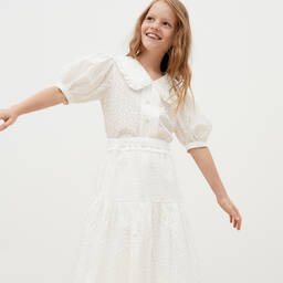 The New Society-بلوز قطن فوال مطرز لون أبيض للبنات | Childrensalon Outlet