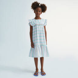 The New Society-فستان قطن مقلم لون أبيض وأزرق | Childrensalon Outlet