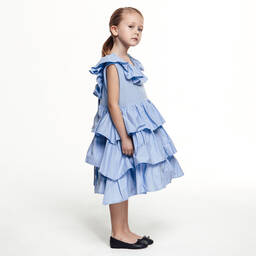 The Tiny Universe-Girls Blue Ruffle Cotton Dress | Childrensalon Outlet