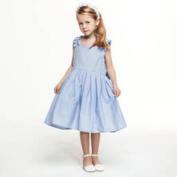 The Tiny Universe-Girls Blue Ruffle Poplin Dress | Childrensalon Outlet
