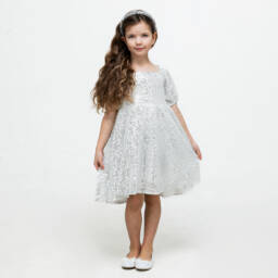 The Tiny Universe-فستان بفيونكة تول وترتر لون فضي | Childrensalon Outlet