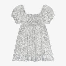 The Tiny Universe-فستان بفيونكة تول وترتر لون فضي | Childrensalon Outlet