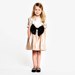 The Tiny Universe-Girls Gold Satin Bow Dress | Childrensalon Outlet
