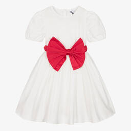 The Tiny Universe-Girls White Cotton & Red Bow Dress | Childrensalon Outlet