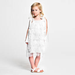 The Tiny Universe-Girls White Satin Fringed Dress | Childrensalon Outlet