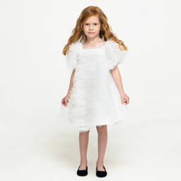 The Tiny Universe-Girls White Tulle Puffed Sleeve Dress | Childrensalon Outlet