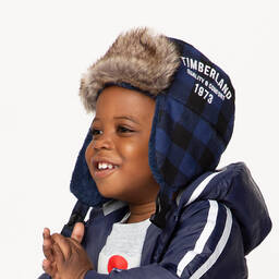 Timberland-Blue Checked Ushanka Hat  | Childrensalon Outlet