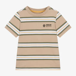 Timberland-Boys Beige Stripe Organic Cotton T-Shirt | Childrensalon Outlet
