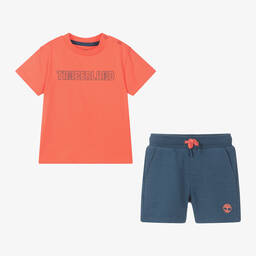 Timberland-Boys Coral Red & Blue Cotton Shorts Set | Childrensalon Outlet
