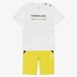 Timberland-طقم شورت قطن عضوي لون أبيض وأخضر ليموني | Childrensalon Outlet