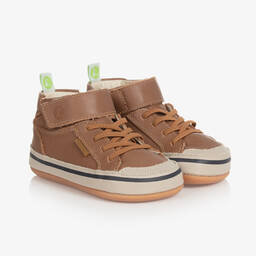 Tip Toey Joey-Baby Boys Brown Leather Hi-Top Trainers | Childrensalon Outlet