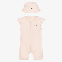 Tommy Hilfiger-طقم أوفرول رومبر وقبعة قطن لون زهري للمولودات | Childrensalon Outlet