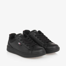 Tommy Hilfiger-Boys Black Faux Leather Trainers | Childrensalon Outlet