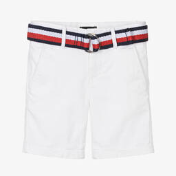Tommy Hilfiger-Boys White Cotton Slim-Fit Shorts | Childrensalon Outlet