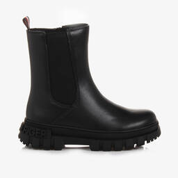 Tommy Hilfiger-Girls Black Faux Leather Chelsea Boots  | Childrensalon Outlet