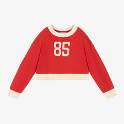 Tommy Hilfiger-بلوفر مزيج قطن وصوف محبوك لون أحمر للبنات | Childrensalon Outlet