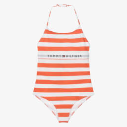 Tommy Hilfiger-Girls Tangerine Striped Halter Swimsuit | Childrensalon Outlet
