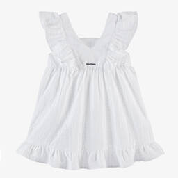 Tommy Hilfiger-فستان قطن سيرسوكر لون أبيض مزين بكشكش | Childrensalon Outlet