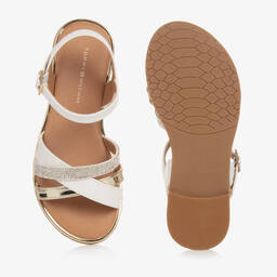 Tommy Hilfiger-صندل جلد صناعي لون أبيض وذهبي مزين بديامنتي | Childrensalon Outlet