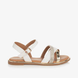 Tommy Hilfiger-صندل جلد صناعي لون أبيض وذهبي مزين بديامنتي | Childrensalon Outlet
