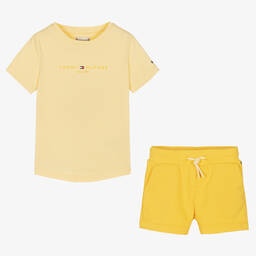 Tommy Hilfiger-Girls Yellow Cotton Logo Shorts Set | Childrensalon Outlet