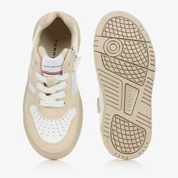 Tommy Hilfiger-Teen Beige & White Faux Leather Logo Trainers | Childrensalon Outlet