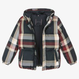Tommy Hilfiger-Teen Boys Blue & Red Check Puffer Jacket | Childrensalon Outlet