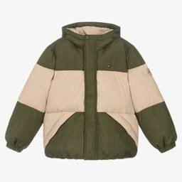 Tommy Hilfiger-Teen Boys Green & Beige Down Puffer Jacket | Childrensalon Outlet