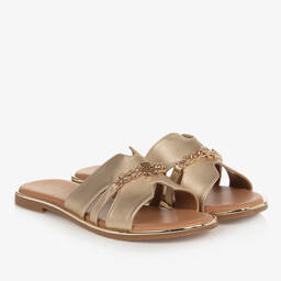 Tommy Hilfiger-Teen Girls Gold TH Monogram Sliders | Childrensalon Outlet