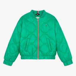 Tommy Hilfiger-Teen Girls Green Quilted Satin Bomber Jacket | Childrensalon Outlet