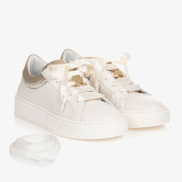 Tommy Hilfiger-Teen Girls Ivory & Gold Leather Trainers | Childrensalon Outlet
