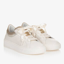 Tommy Hilfiger-Teen Girls Ivory & Gold Leather Trainers | Childrensalon Outlet
