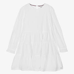 Tommy Hilfiger-Teen Girls White Cotton Broderie Anglaise Dress | Childrensalon Outlet