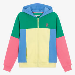 Tommy Hilfiger-توب هودي بسحّاب قطن لون أخضر بألوان بلوك | Childrensalon Outlet