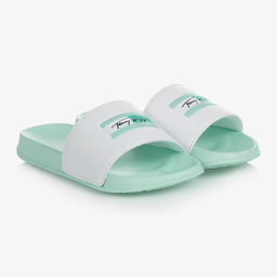 Tommy Hilfiger-Teen Green & White Sliders | Childrensalon Outlet