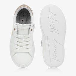 Tommy Hilfiger-White & Gold Faux Leather Trainers | Childrensalon Outlet