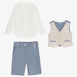 Tutto Piccolo-Бежево-голубой комплект из льна с шортами | Childrensalon Outlet