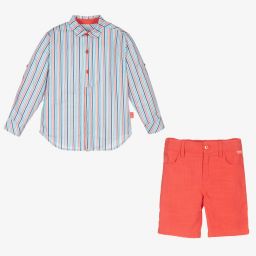 Tutto Piccolo-Голубая рубашка и красные шорты из хлопка | Childrensalon Outlet