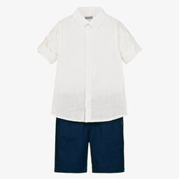 Tutto Piccolo-Boys Blue Cotton & Linen Shorts Set | Childrensalon Outlet