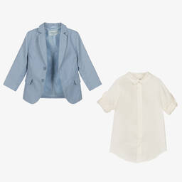 Tutto Piccolo-بدلة شورت مقلمة كتان لون أزرق وعاجي للأولاد | Childrensalon Outlet