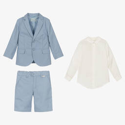 Tutto Piccolo-بدلة شورت مقلمة كتان لون أزرق وعاجي للأولاد | Childrensalon Outlet