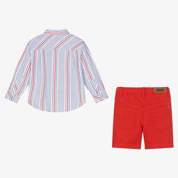 Tutto Piccolo-Голубая рубашка и красные шорты из хлопка | Childrensalon Outlet