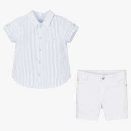 Tutto Piccolo-Boys Blue Stripe Cotton Shorts Set | Childrensalon Outlet