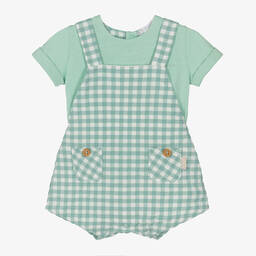 Tutto Piccolo-Boys Green Check Cotton Dungaree Shorts Set | Childrensalon Outlet