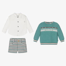 Tutto Piccolo-Boys Green & Ivory Cotton Shorts Set | Childrensalon Outlet